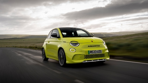 Exterior Front of Acid Green Abarth 500e Driving