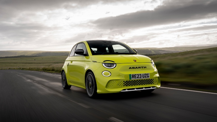 Exterior Front of Acid Green Abarth 500e Driving