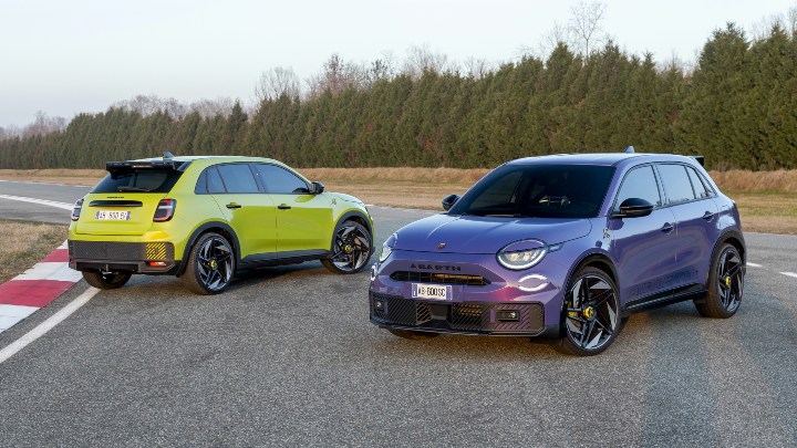 Abarth 600 Pair Purple and Green on track