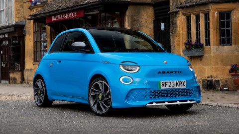 Blue Fiat Abarth 500e Front Static