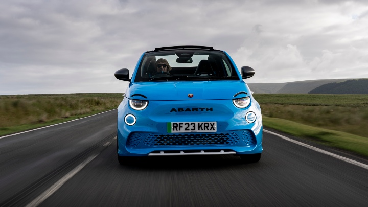 Exterior Front of Poison Blue Abarth 500e
