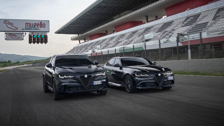 Black Alfa Romeo Stelvio and Giulia at Mugello Race Circuit