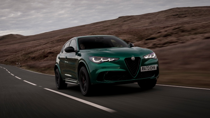 Green Alfa Romeo Stelvio Quadrifoglio Exterior Front Driving