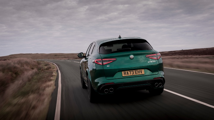 Green Alfa Romeo Stelvio Quadrifoglio Exterior Rear Driving