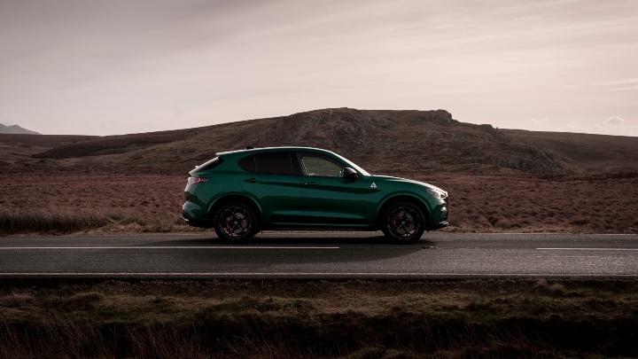 Green Alfa Romeo Stelvio Quadrifoglio Exterior Side Driving