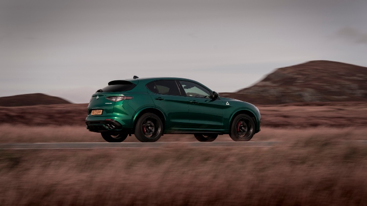 Green Alfa Romeo Stelvio Quadrifoglio Exterior Side Driving