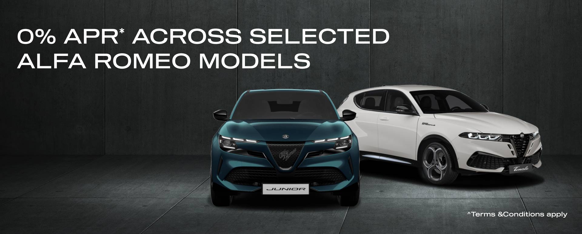 2 Alfa Romeo vehicles on dark studio background. White promotional text overlay.