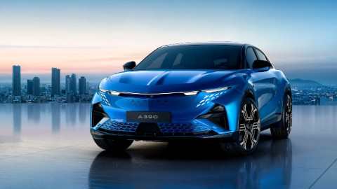 Alpine A390 GTS Front Angle in Bleu Alpine Vision