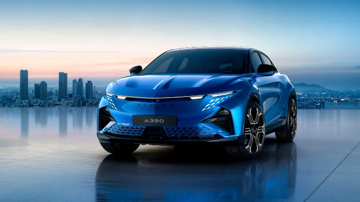 Alpine A390 GTS Front Angle in Bleu Alpine Vision