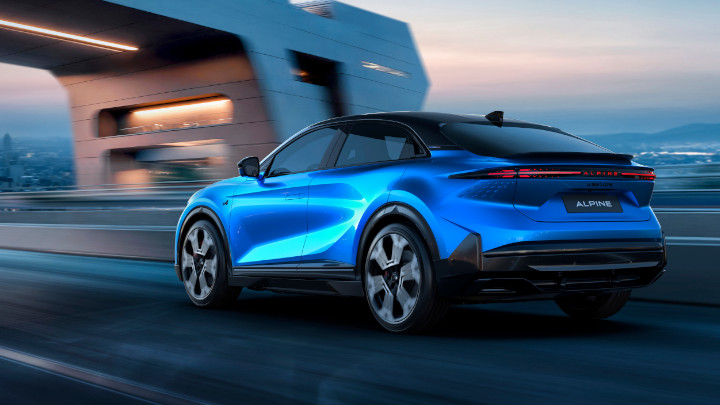 Alpine A390 GTS Rear Angle Driving in Bleu Alpine Vision