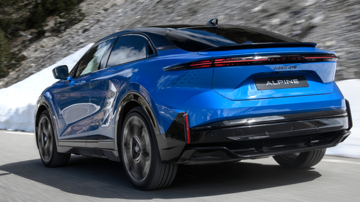 Alpine A390 GTS Rear Angle Driving in Bleu Alpine Vision