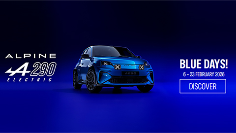 Blue Alpine Vehicle on Blue Background Logo on Left