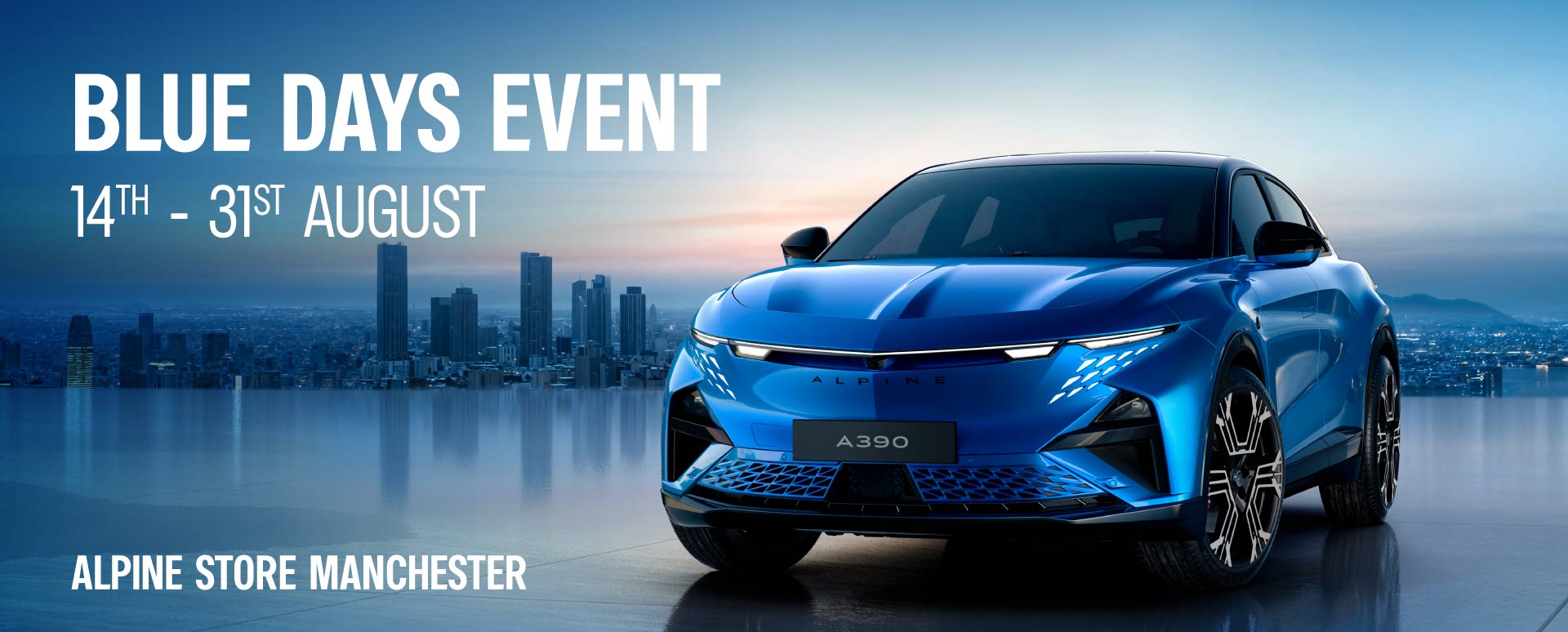 Blue Alpine vehicle. Promotional text overlay.