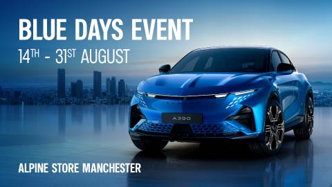 Blue Alpine vehicle. Promotional text overlay.
