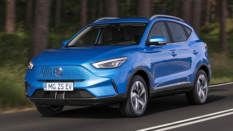 Blue MG ZS EV, driving in countryside