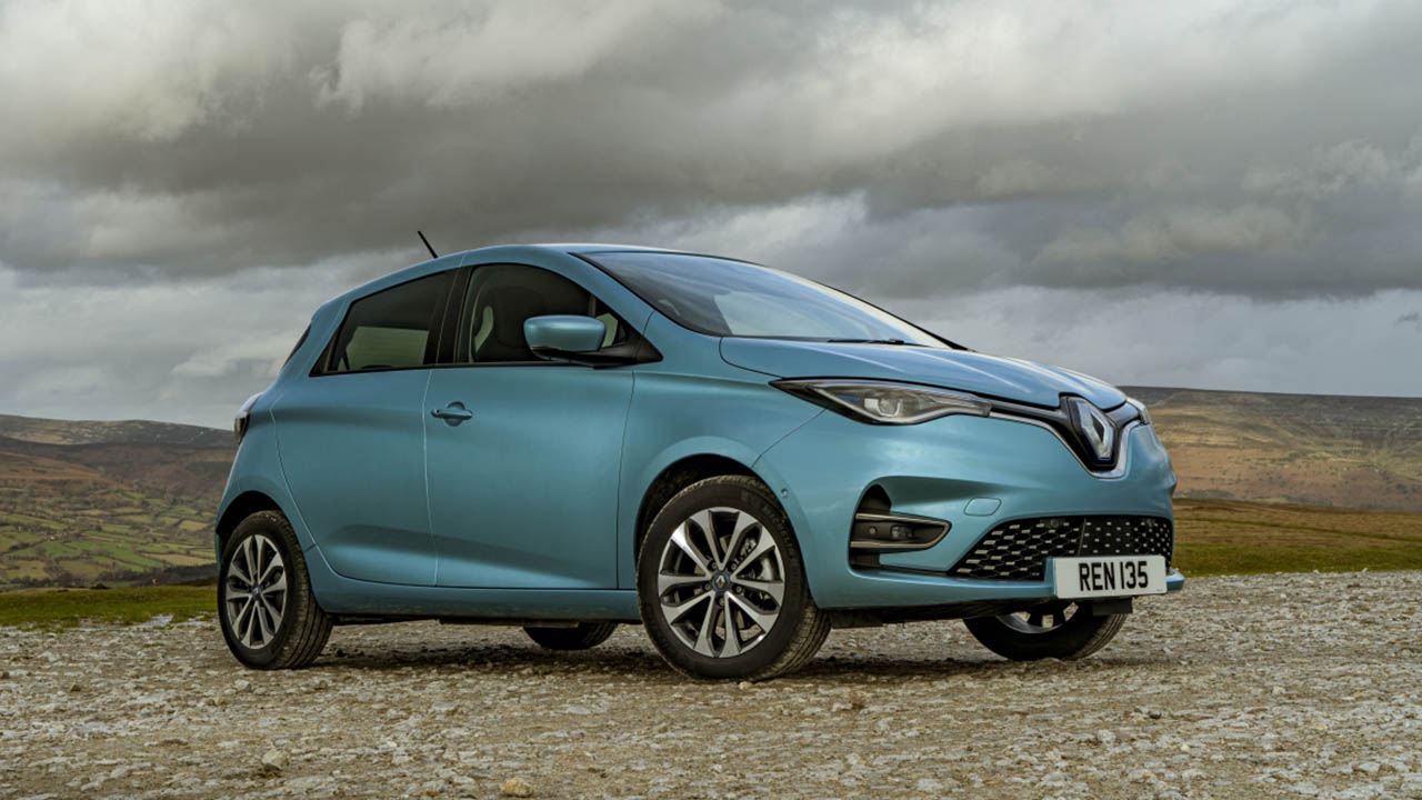 Blue Renault Zoe, parked in countryside