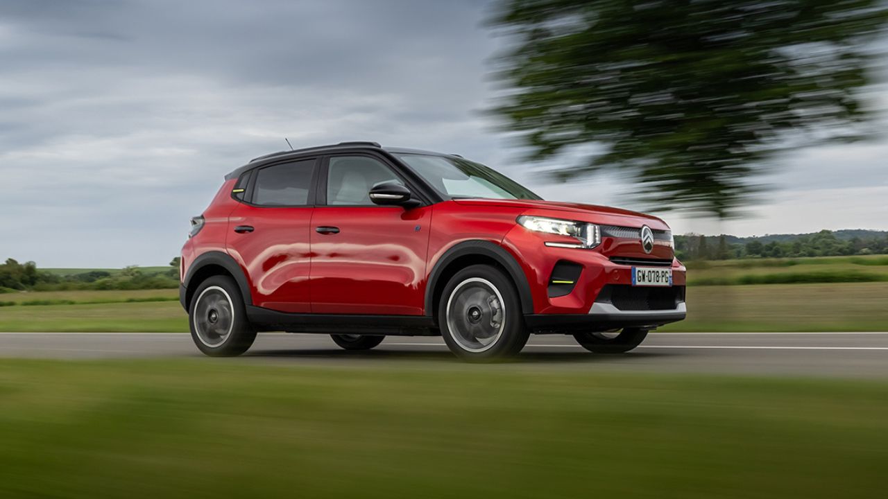 Red Citroen e-C3 driving on the motorway