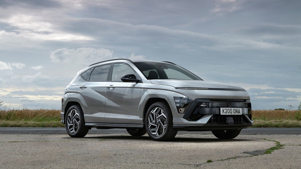 Silver Hyundai Kona parked on the side of a road