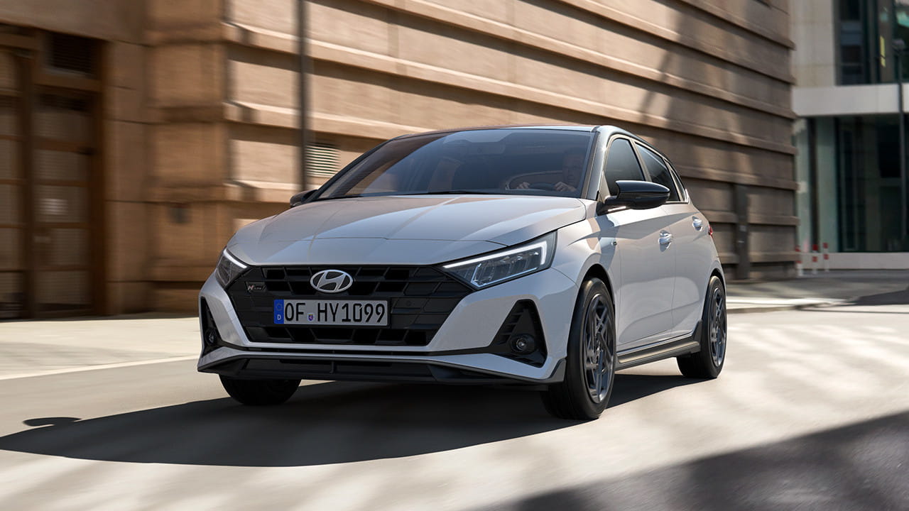 White Hyundai i20 Driving Front View