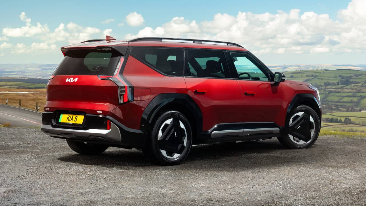 Kia EV9 in Aurora Red Rear Angle