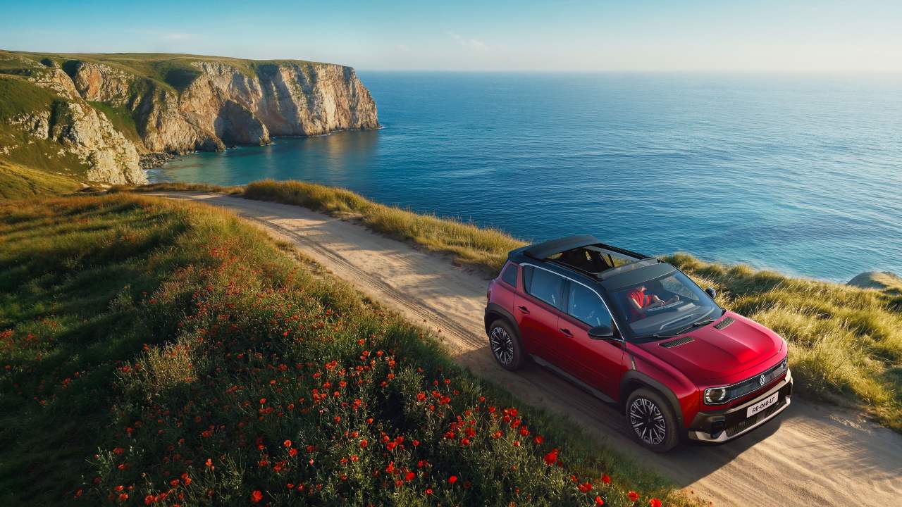Renault 4 E-tech driving on mountain coastal road