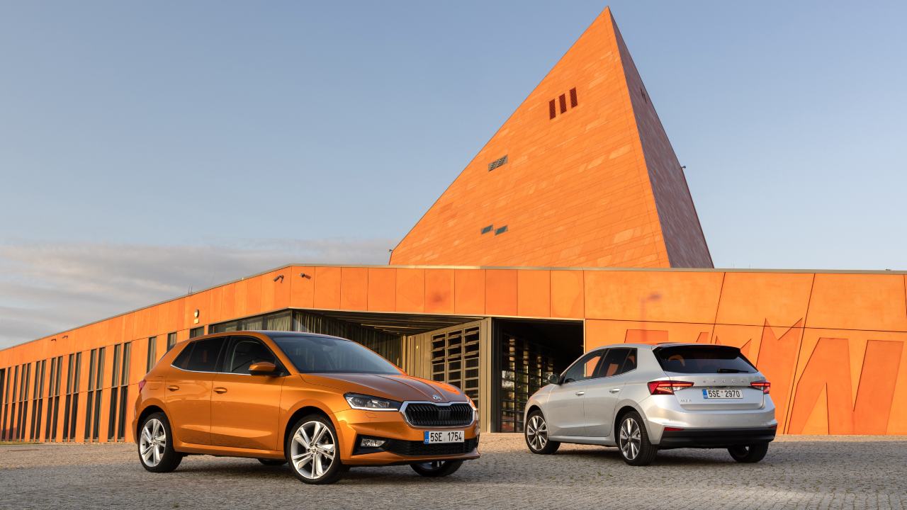 Pair of Skoda Fabias outside
