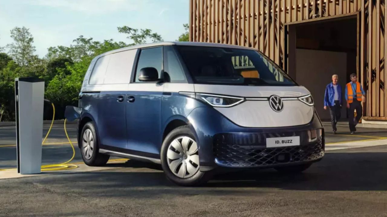 Blue and White Volkswagen ID Buzz Cargo being charged