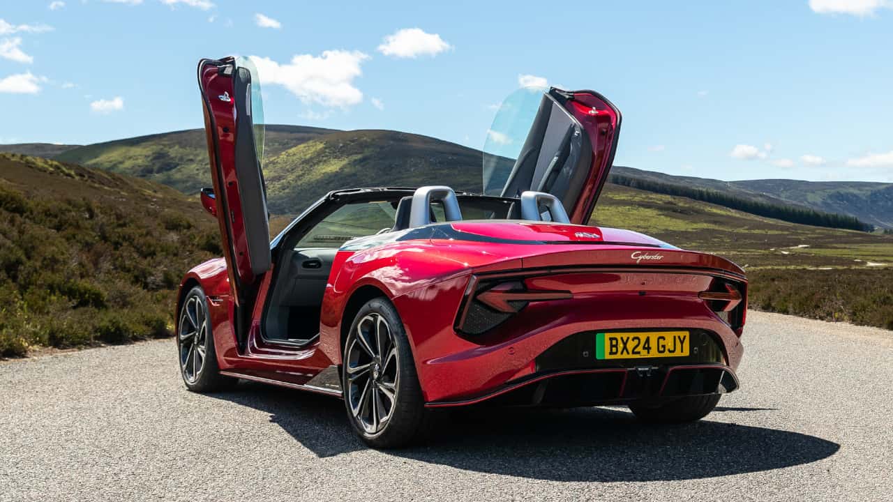 MG Cyberster Rear in Red with Doors up