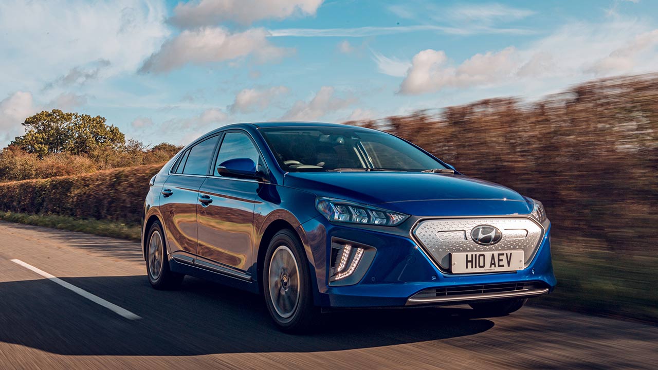 blue hyundai ioniq electric, driving