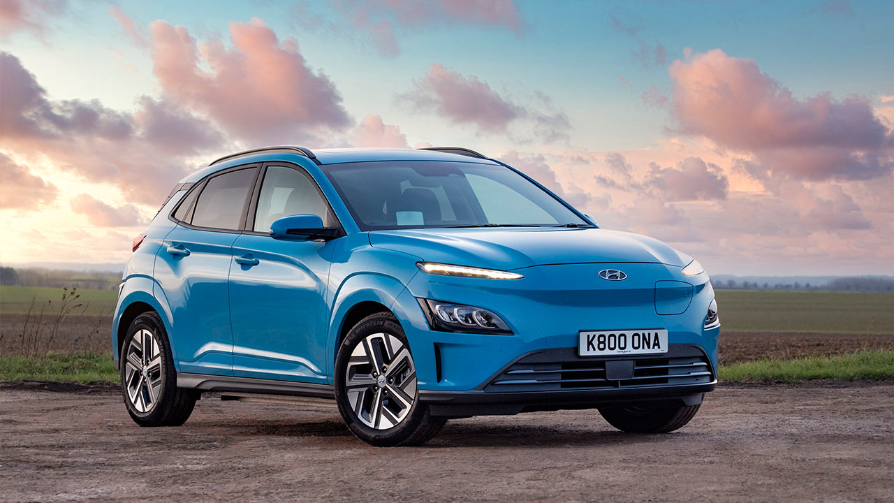 blue hyundai kona electric, parked