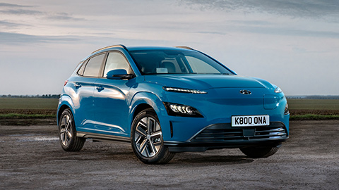 blue hyundai kona electric, parked