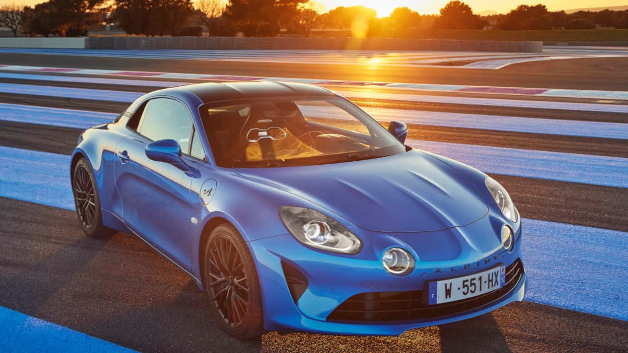 Alpine A110 S in Blue at Paul Ricard Circuit with Sunset