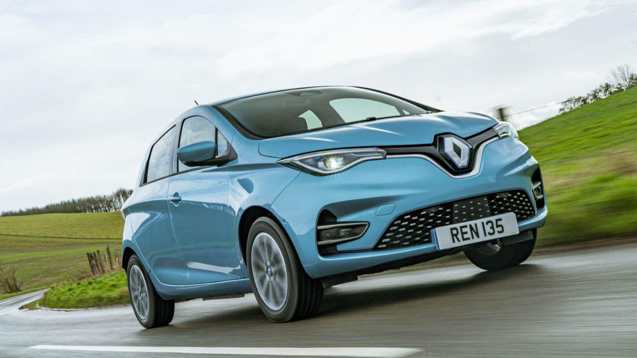 Blue Renault Zoe EV, driving