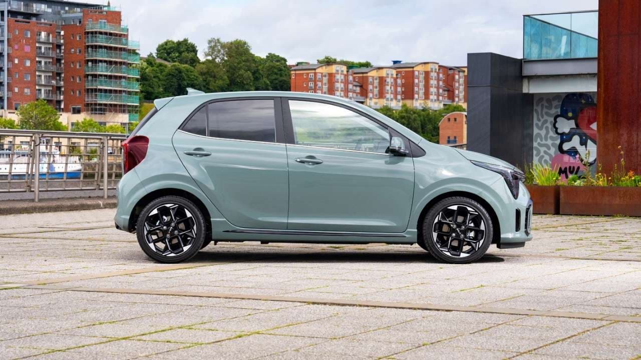 Kia Picanto parked in a city with buildings on the background