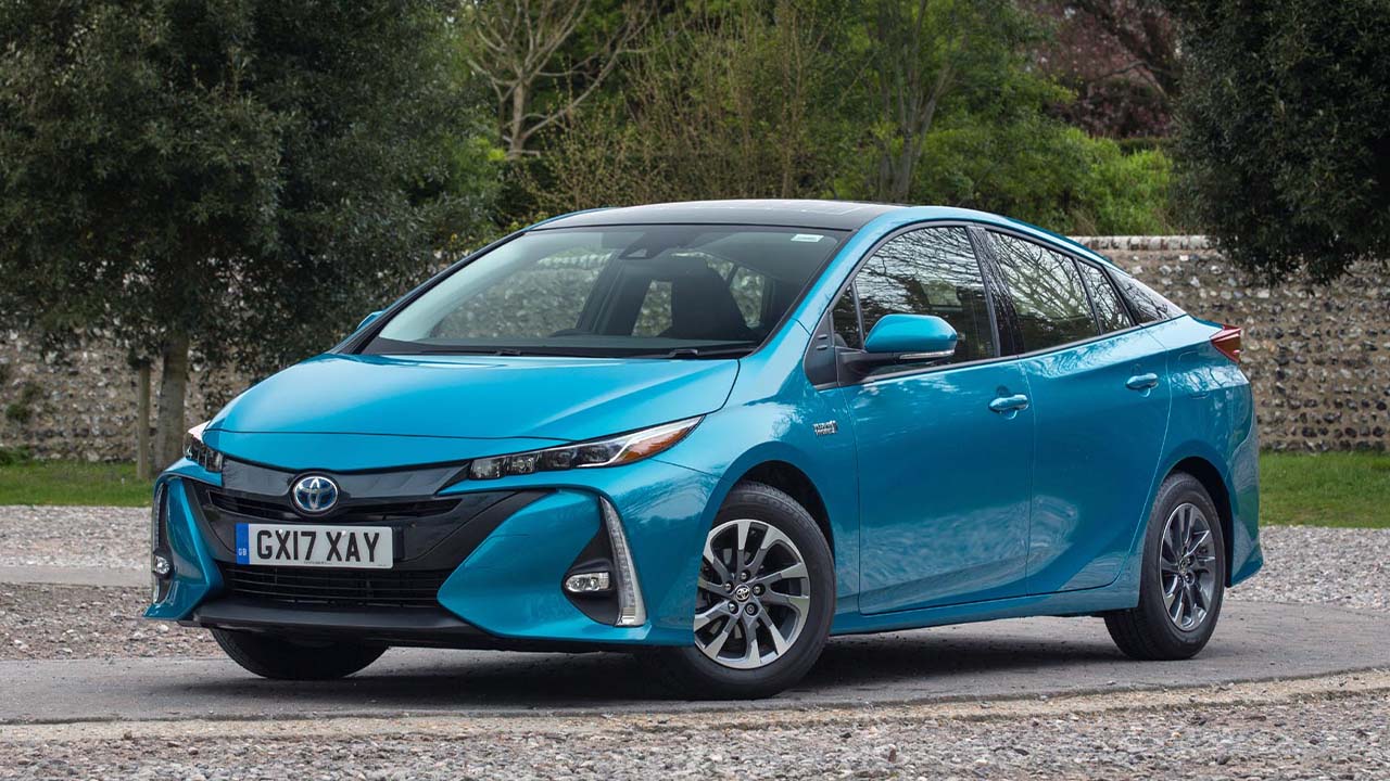 Blue Toyota Prius, parked on country road