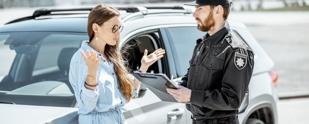 Police officer arguing with a woman who's standing outside of her car and is gesticulating at him