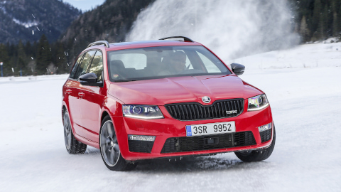 Red Skoda Octavia Driving Winter
