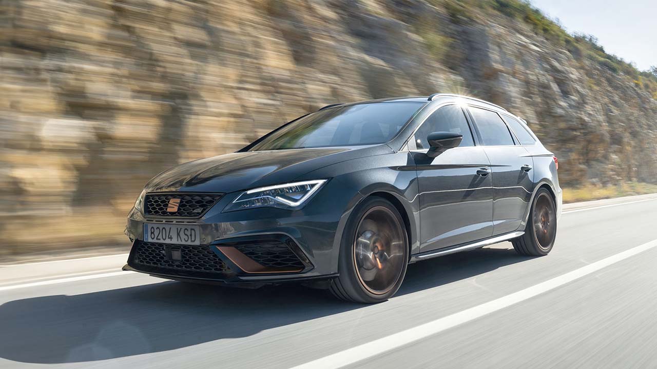 Grey SEAT Leon Cupra Sports Tourer Exterior Front Driving on Valley Road