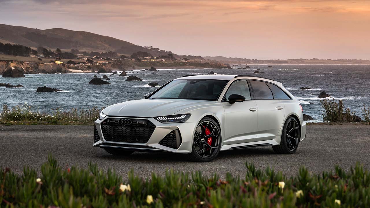 White Audi RS6 Avant Exterior Front Static on Coastal Road