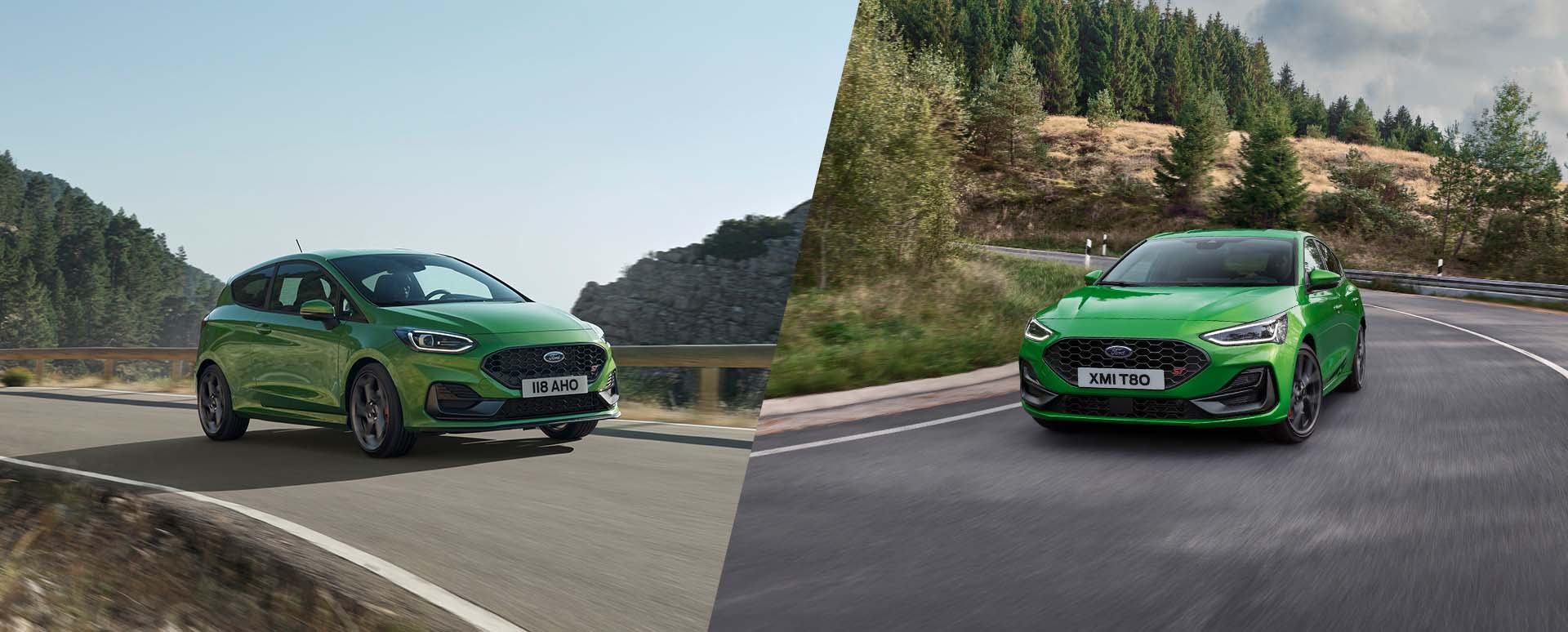 Green Ford Fiesta ST and Green Ford Focus ST Driving in Countryside