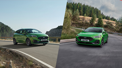Green Ford Fiesta ST and Green Ford Focus ST Driving in Countryside