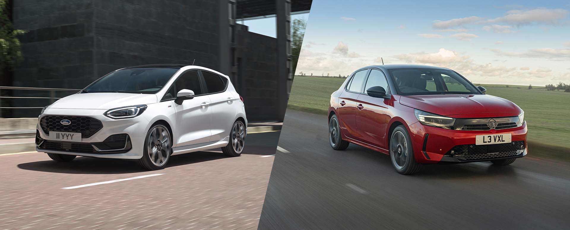 White Ford Fiesta and Red Vauxhall Corsa Side By Side