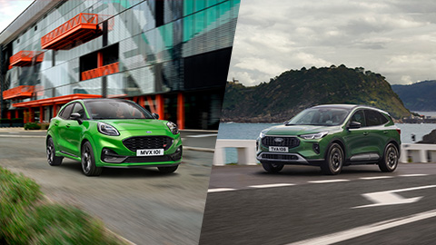 Green Ford Puma ST in Urban Area and Green Ford Kuga Driving by Lakeside