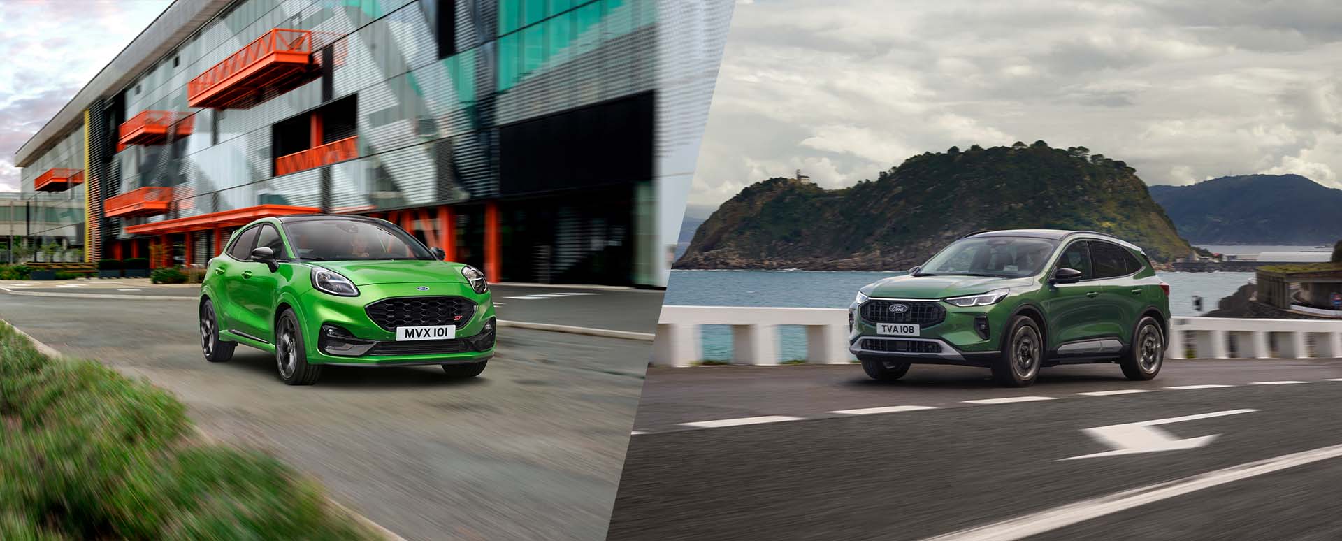 Green Ford Puma ST in Urban Area and Green Ford Kuga Driving by Lakeside