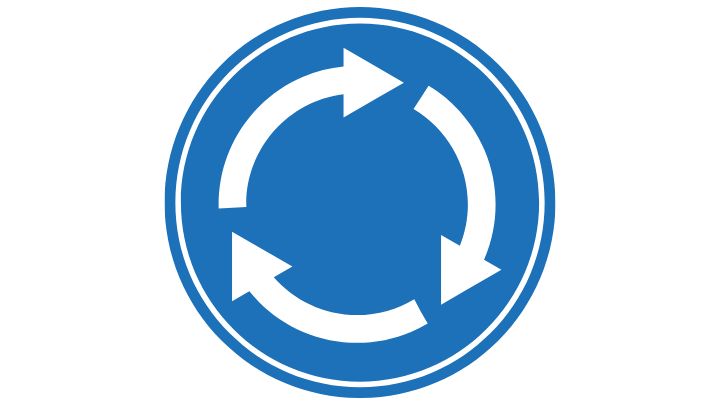 Blue Circle with white outline towards the edge. Three curved arrows forming a circle.