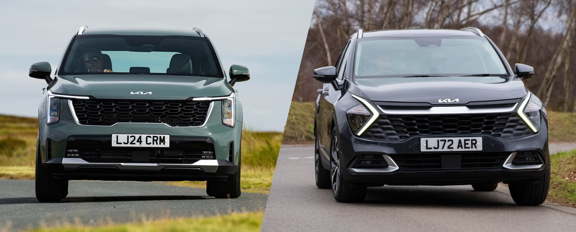Green Kia Sportage and Black Kia Sorento side by side