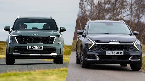 Green Kia Sportage and Black Kia Sorento side by side