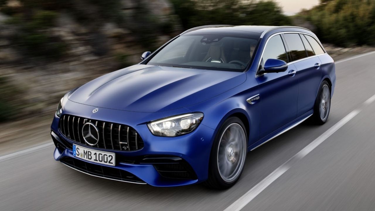 Blue Mercedes-Benz E-Class driving in the motorway
