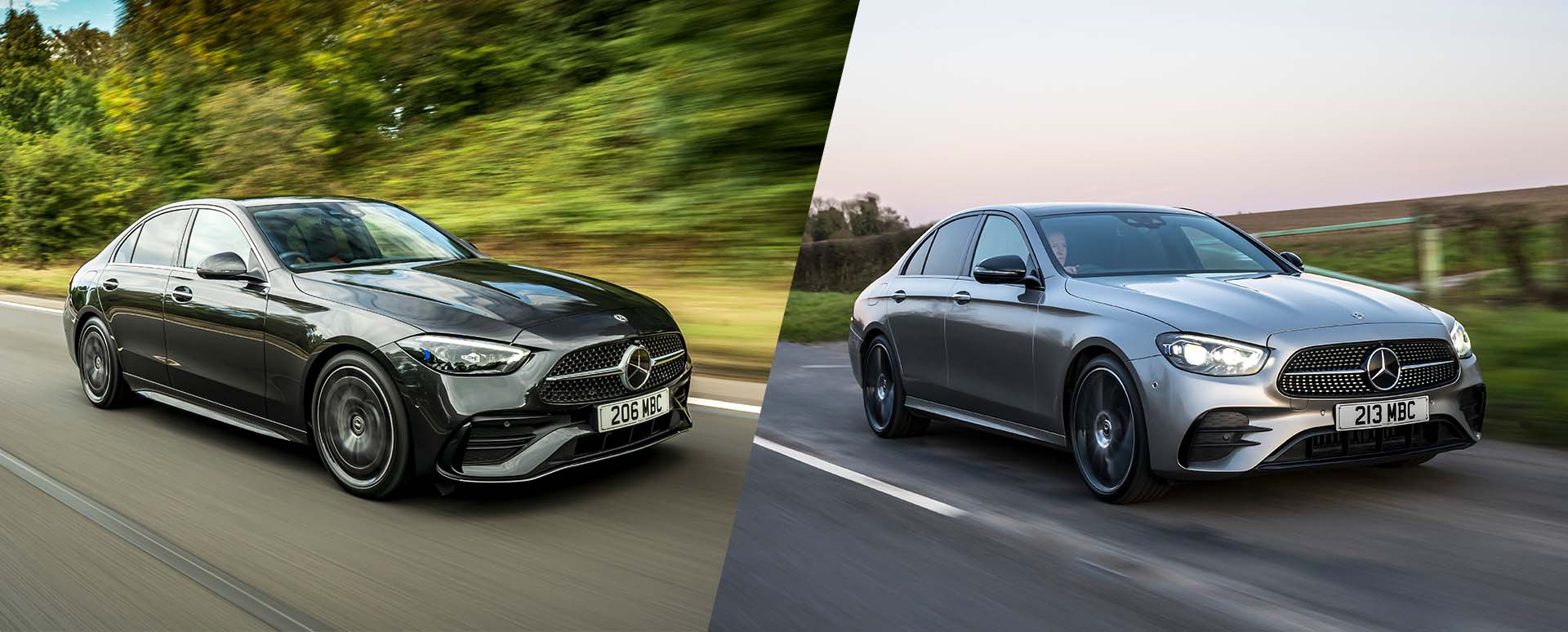 Black Mercedes-Benz C Class and Silver Mercedes-Benz E-Class Driving