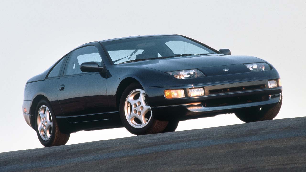 Black Nissan 300ZX, front quarter shot, parked on a road